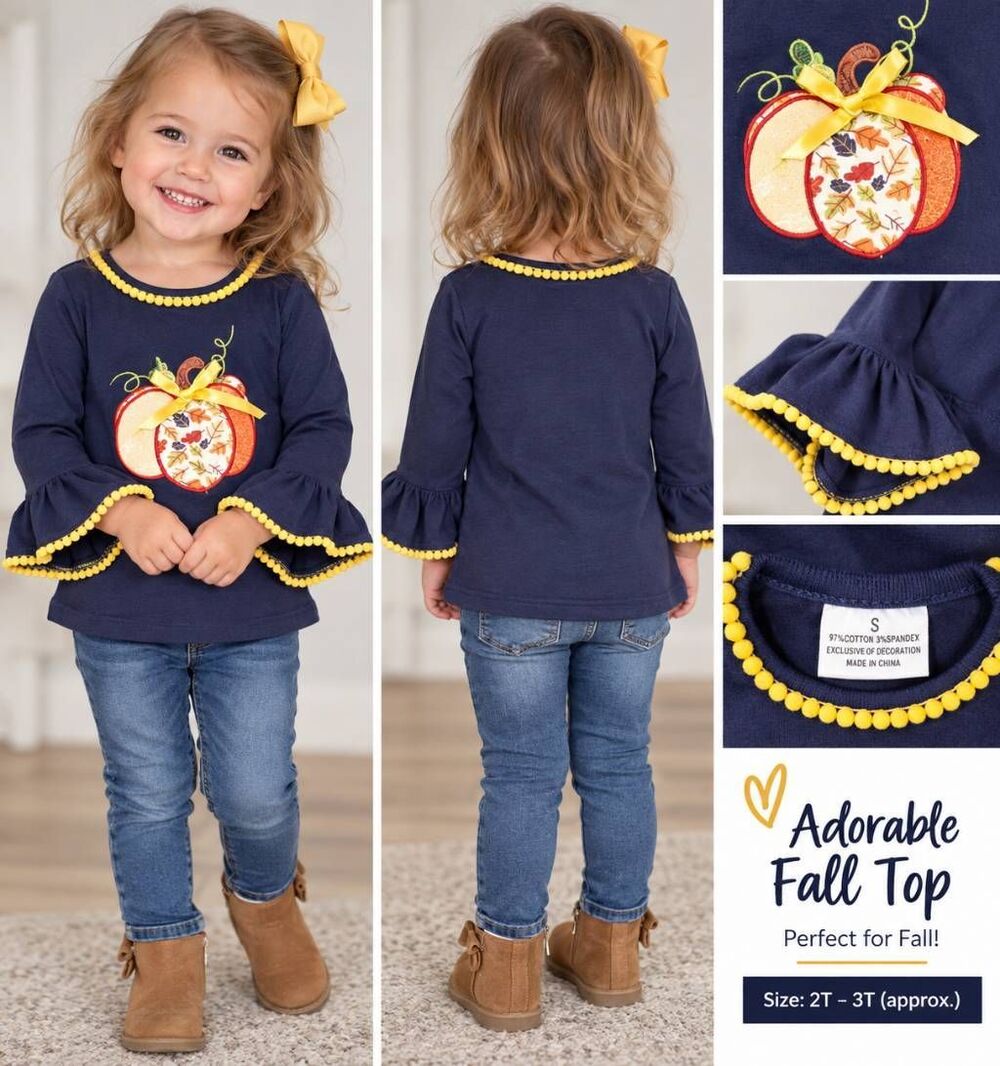 Girls 2T 3T Fall Pumpkin Top Navy Bell Sleeve Pom Pom Thanksgiving Boutique